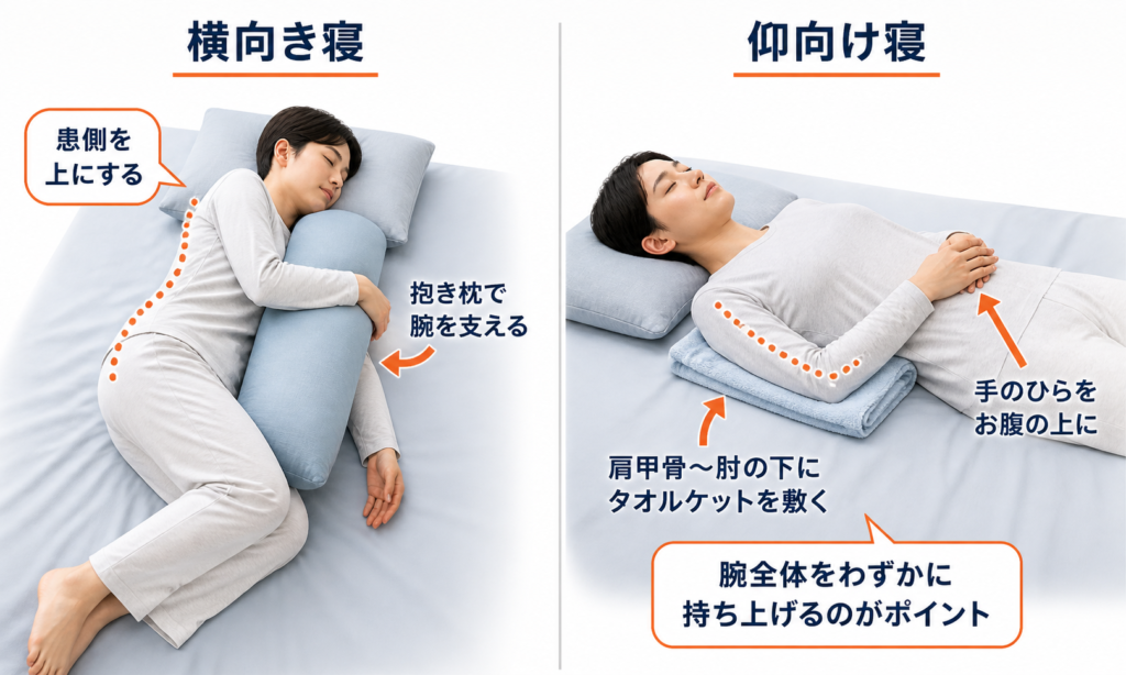 五十肩の方のための睡眠姿勢ガイド（横向き抱き枕・仰向け安静肢位）