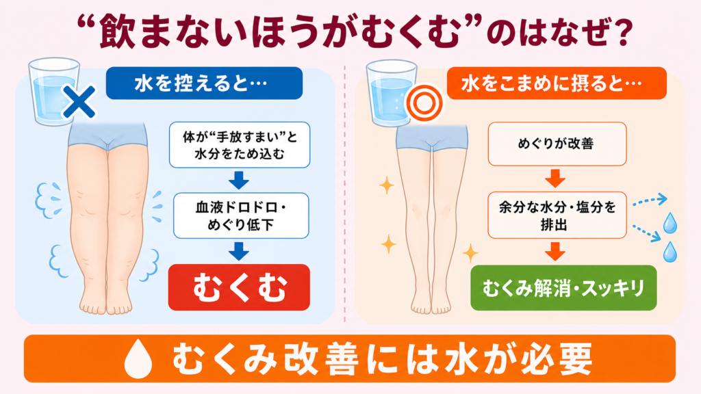 水を控えると体が水分をため込んでむくみ、こまめに摂るとめぐりが整いむくみ解消につながる仕組みを対比した図解。