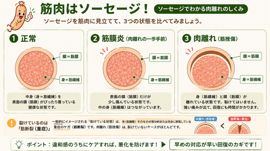 筋肉をソーセージにたとえ、正常・筋膜炎・肉離れで身と膜がどう離れるかを比較した図解