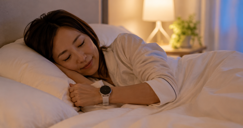 ガーミンを装着したまま就寝する女性。睡眠モードの設定と睡眠データ記録のイメージ写真