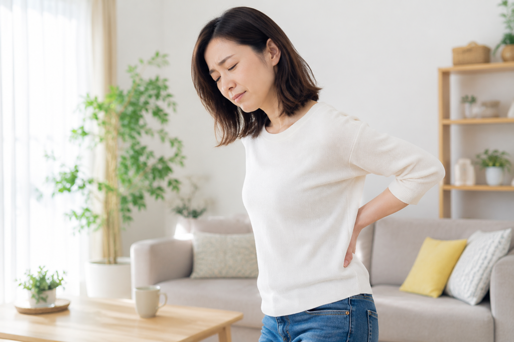 腰に手を当てて腰の痛みをケアしようとする女性のイメージ。冷やすか温めるか迷う場面。