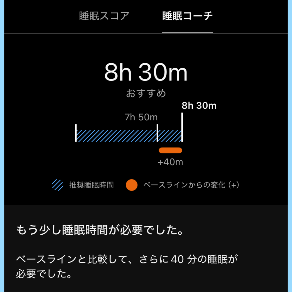 ガーミンの睡眠コーチが、その日のコンディションに合わせた睡眠アドバイスを表示している画面