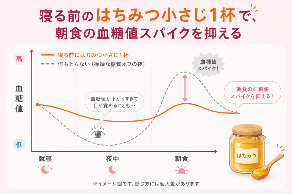 寝る1時間前にはちみつを小さじ1杯とると、睡眠中の血糖値の下がりすぎを穏やかにするイメージ図。夜間の中途覚醒対策に。