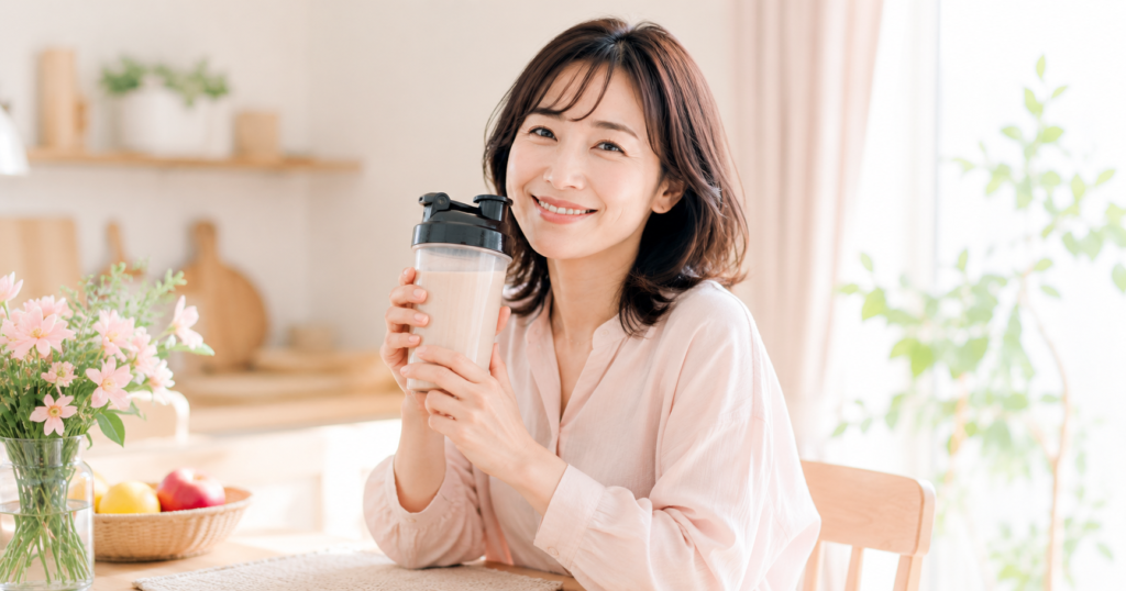 プロテインドリンクを手に微笑む女性。運動なしでも美容と健康のためにタンパク質を取り入れる様子