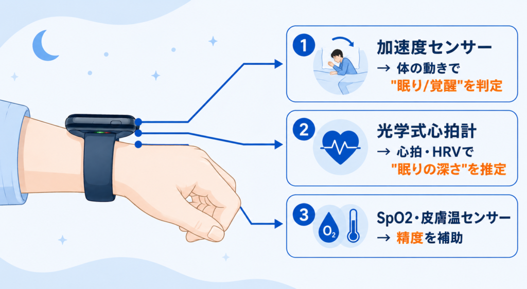 スマートウォッチが加速度センサーと光学式心拍計で睡眠を測定する仕組みを示した図解