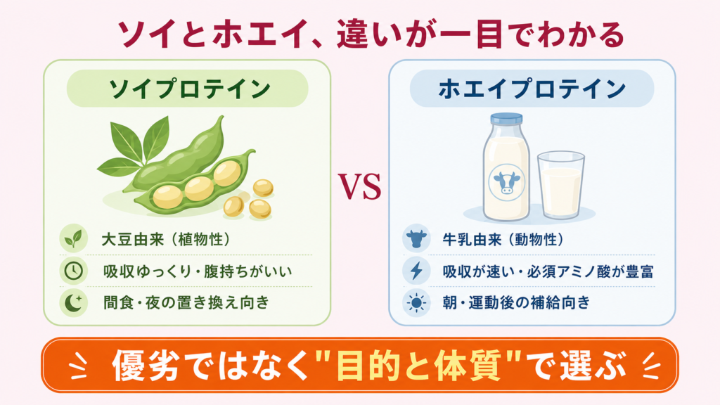 ソイプロテインとホエイプロテインの違いの一覧図解。ソイは大豆由来で腹持ちがよく夜向き、ホエイは牛乳由来で吸収が速く朝や運動後向き。