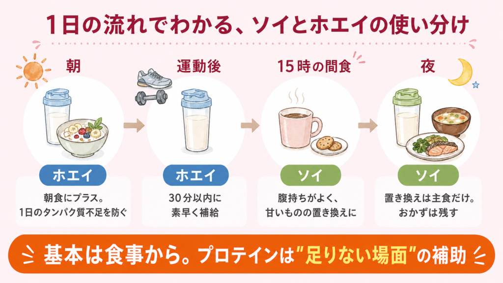ソイプロテインとホエイプロテインの目的別使い分けタイムライン。朝と運動後は吸収の速いホエイ、間食と夜は腹持ちのよいソイが目安。