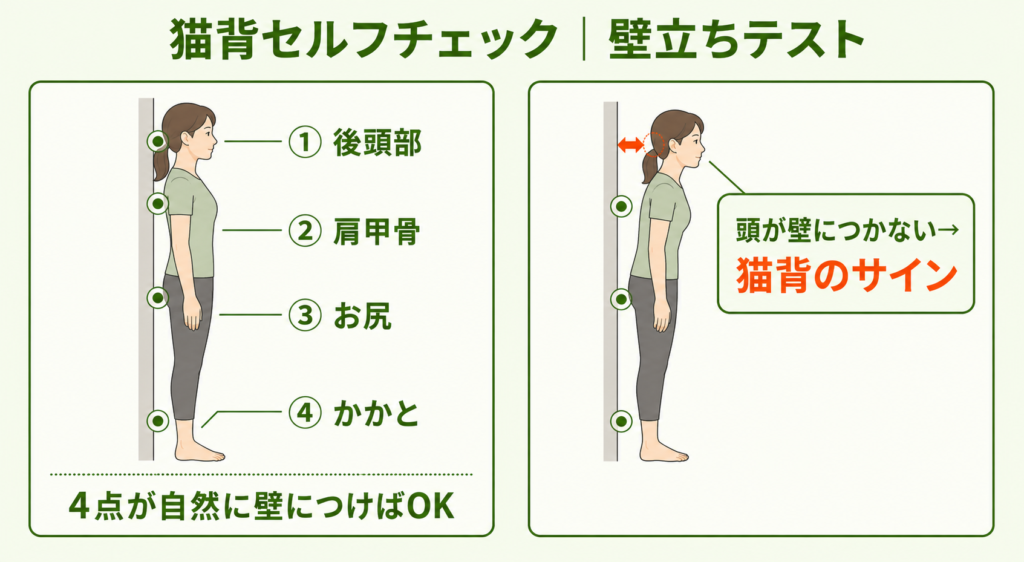 猫背のセルフチェック「壁立ちテスト」のやり方。壁に後頭部・肩甲骨・お尻・かかとの4点が自然につくかを確認し、後頭部が離れる場合は猫背のサイン