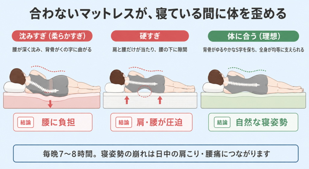 マットレスの硬さで寝姿勢がどう変わるかを横向き断面で比較した図解。沈みすぎ・硬すぎ・理想の3パターン