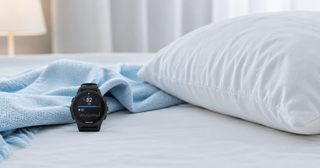 ガーミンの睡眠スコアと寝具・枕の関係を示すイメージ写真。ウェアラブルデバイスと睡眠環境を見直すきっかけとなる視覚的イメージ