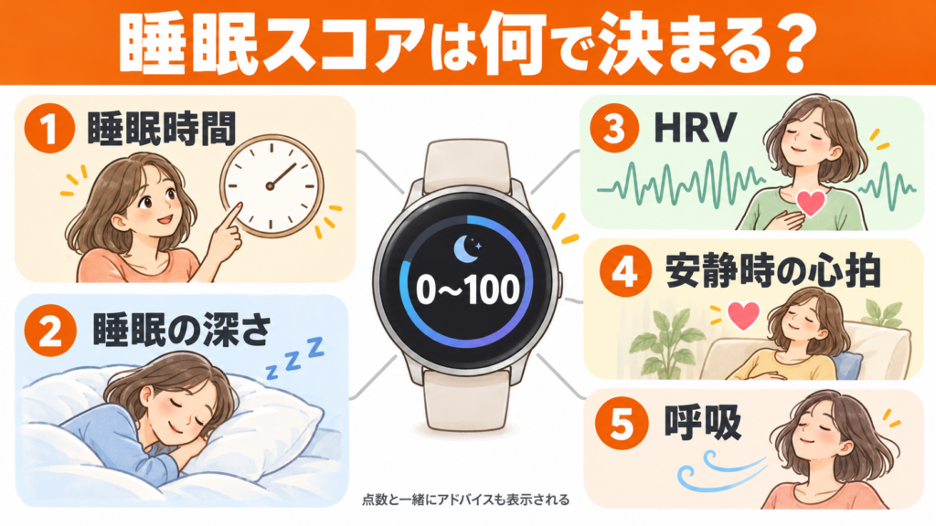 ガーミンの睡眠スコアが決まる5つの要素。睡眠時間、睡眠の深さ、HRV、安静時の心拍、呼吸