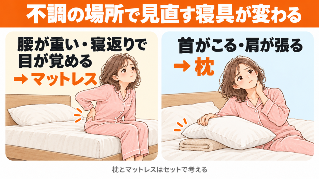 腰の不調はマットレス、首や肩の不調は枕を見直す、不調の場所で選ぶ寝具の目安