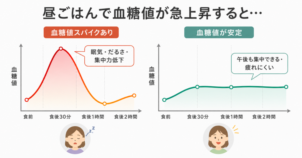 昼ごはん後の血糖値スパイクと安定した血糖値の比較グラフ。血糖値が急上昇すると食後の眠気やだるさが起こり、緩やかな上昇を保つと午後も集中力が続くことを示している。