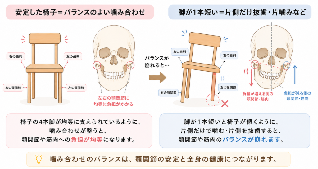顎の噛み合わせを椅子の4本脚に例えた図解。片側の抜歯や片噛みでバランスが崩れると片方のエラ張りにつながることを示すイラスト。