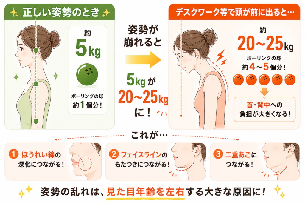 正しい姿勢と前傾姿勢における頭の重さの違いを示す図解。姿勢不良で首・背中への負担が最大5倍になることを説明