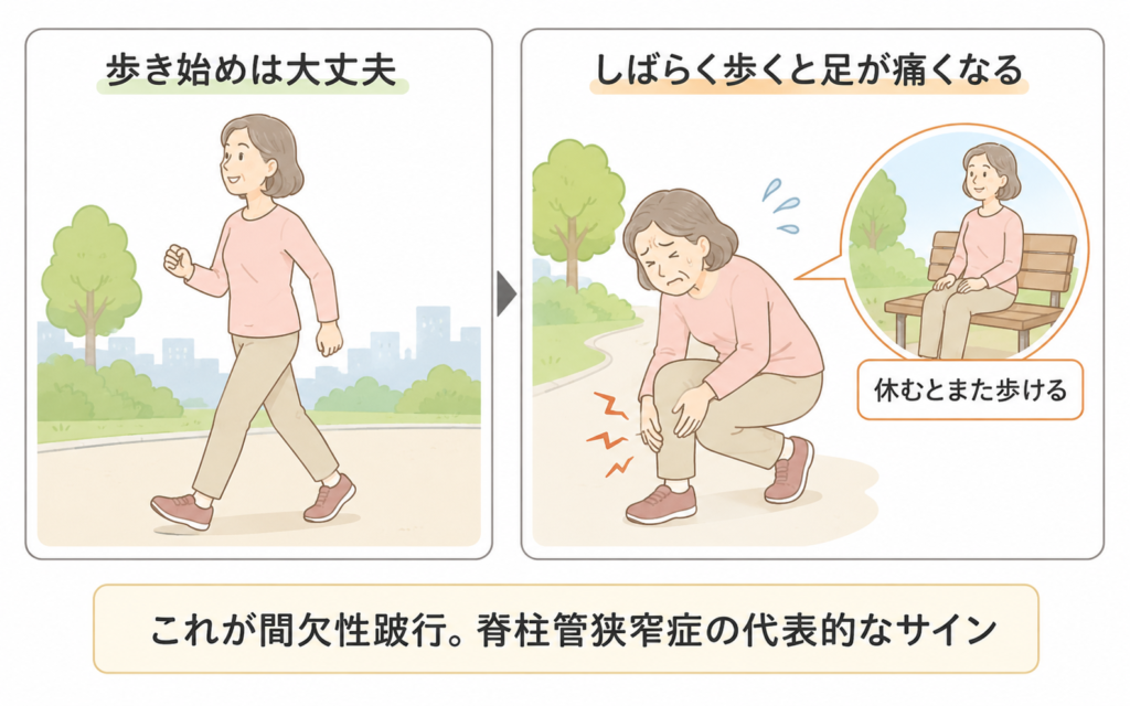 腰部脊柱管狭窄症の間欠性跛行を示す図解。歩き始めは問題なく歩けるが、しばらく歩くと足が痛くなり、休むとまた歩ける症状
