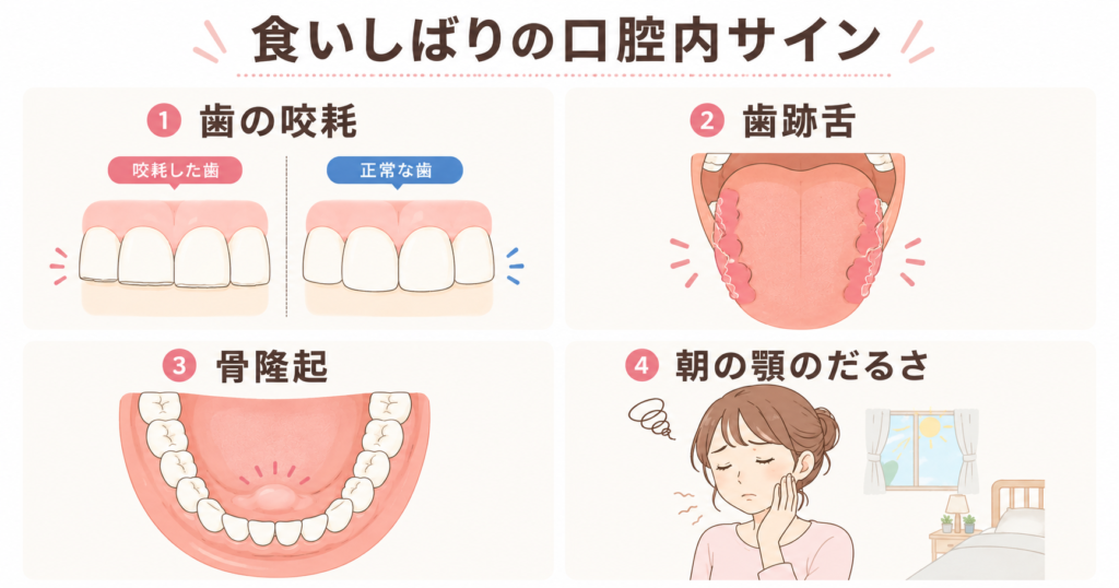 食いしばりのサインを示す4つのセルフチェック図解。歯の咬耗・歯跡舌・骨隆起・朝の顎のだるさを説明するイラスト