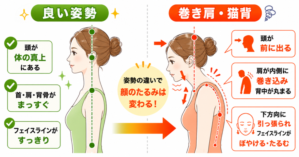 良い姿勢と巻き肩・猫背の比較イラスト。頭が前に出ると顔のたるみが進むメカニズムを図解