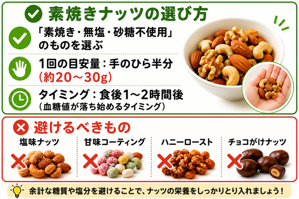 ダイエット中の素焼きナッツの選び方を解説した図解。素焼き・無塩・砂糖不使用を選び1回20〜30g・食後1〜2時間後が目安。塩味・甘味コーティング・ハニーローストは避けるべき間食として紹介。
