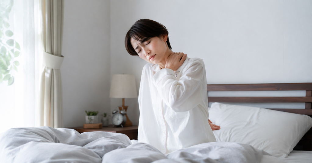 朝起き上がる際に腰と首肩の痛みを感じている女性。反り腰による筋肉の慢性緊張が原因