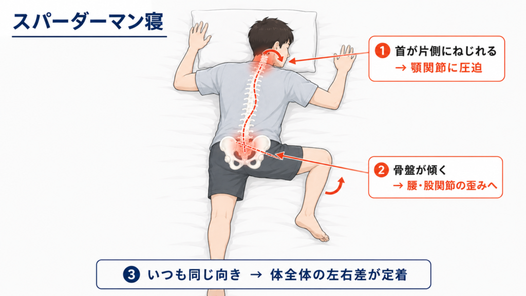 長時間ひねられた状態になり、顎・頬・首のラインへのダメージが大きくなる寝姿勢「スパイダーマン寝」のイラスト図。