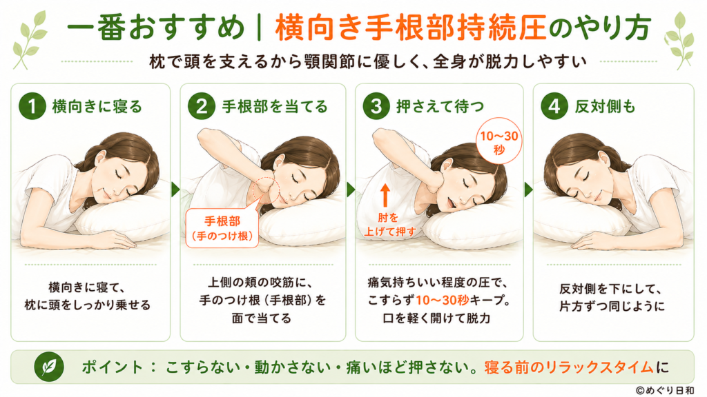 横向きに寝て手のひらで咬筋を押さえる持続圧のやり方の手順図解。枕で頭を支え顎関節に優しい