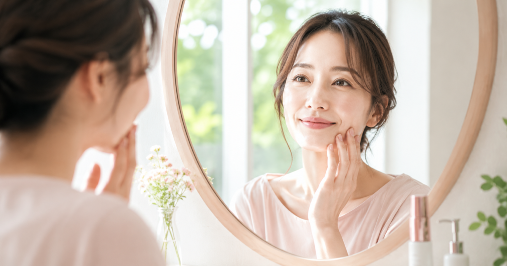 鏡の前でフェイスラインに手を添えて咬筋をケアする女性。咬筋の正しいほぐし方を解説する記事のイメージ