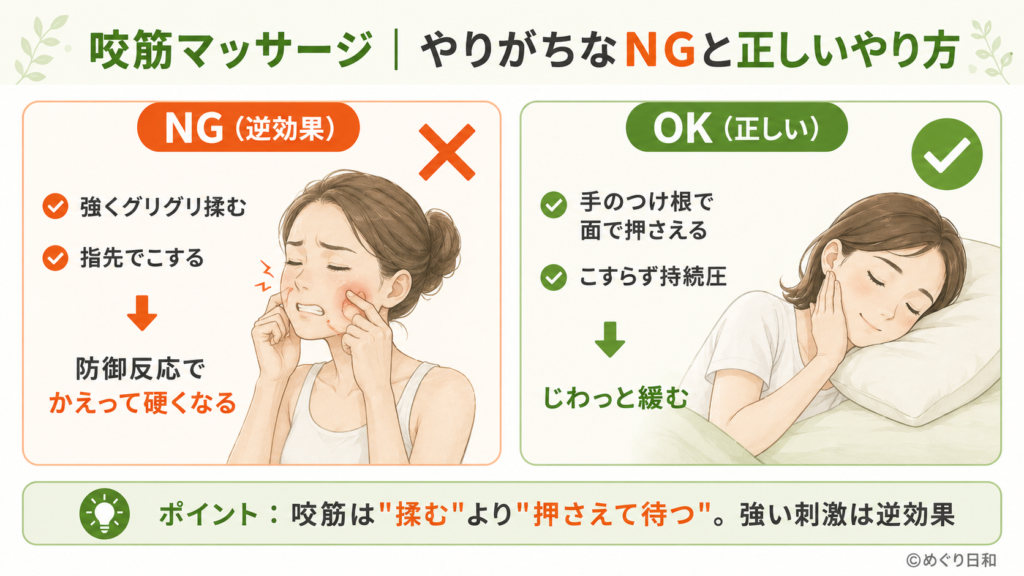 咬筋マッサージのNG例と正しいやり方の比較図解。強く揉むと逆効果、手のひらで押さえる持続圧が正しい